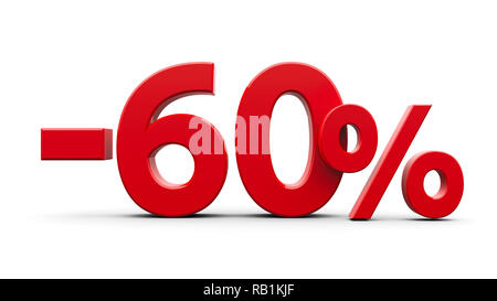 Meno rosso il sessanta percento segno isolato su sfondo bianco, tridimensionale, rendering 3D illustrazione Foto Stock