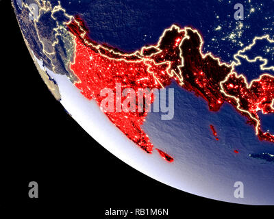 Vista orbita di BIMSTEC memeber membri di notte con luminose luci della citta'. Plastica dettagliato pianeta superficie. 3D'illustrazione. Gli elementi di questa immagine f Foto Stock