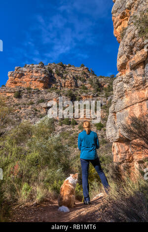 Donna bionda con la sua bionda Border Collie mix cane fermato lungo un sentiero in un canyon cercando fino all'arancione, marrone e verde pareti del canyon e la br Foto Stock