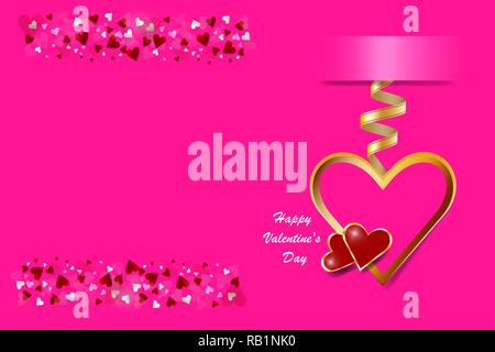 Il vettore che mostra due cornice dorata cuori appesi su nastro nel lato destro del vettore. Molti piccoli cuori sono nel lato sinistro con un luogo pronto fo Illustrazione Vettoriale