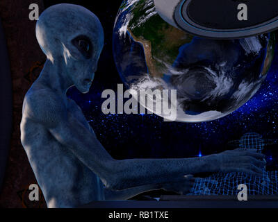 Fantasy alien in una astronave vicino a terra - il rendering 3D Foto Stock