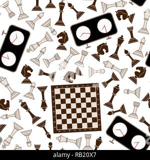 Modello senza cuciture con pezzi di scacchi, una scacchiera e un orologio di scacchi su uno sfondo bianco. Illustrazione Vettoriale Illustrazione Vettoriale