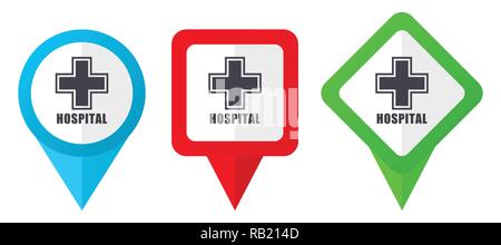 Ospedale rosso, blu e verde puntatori vettore icone. Set di colorate marcatori di posizione isolata su sfondo bianco facile da modificare in eps 10 Illustrazione Vettoriale