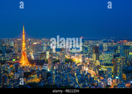 La torre di Tokyo di notte, ampio angolo di visualizzazione, Giappone. Foto Stock