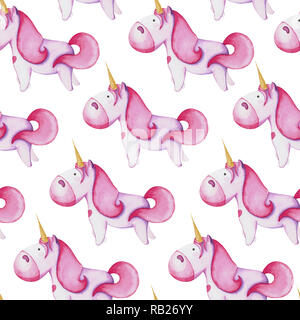 Modello senza soluzione di continuità con il colore rosa unicorns. Disegno con acquarello. Foto Stock