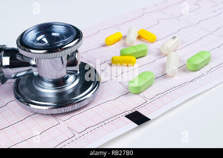 Stetoscopio medico giacente sul grafico cardiogram con pila di pillole. Cardiologia la tutela della salute e la prevenzione di aiuto. Vita sana o assicurazione con Foto Stock