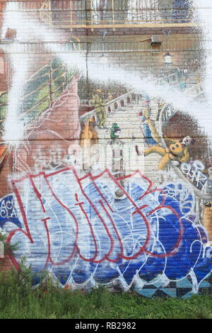 Quebec, Canada. Graffiti su un muro di mattoni nel centro cittadino di Montreal Foto Stock