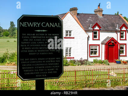 Newry Canal informazioni segno a Moneypenny di blocco vicino a Portadown, nella contea di Armagh. Moneypenny's Lockhouse è un edificio restaurato del blocco di canal house. Foto Stock