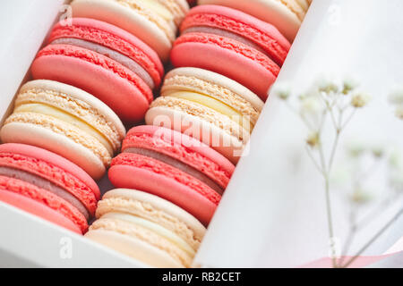 Corallo e torte beige macarons o amaretti in una scatola regalo bianca. Il concetto di giorno di San Valentino e la molla è in festa. Foto Stock