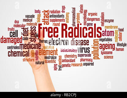 I radicali liberi word cloud e la mano con il concetto di marcatore su sfondo bianco. Foto Stock