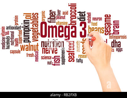 Omega 3, word cloud la scrittura a mano concetto su sfondo bianco. Foto Stock