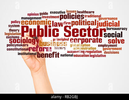 Settore pubblico word cloud e la mano con il concetto di marcatore su sfondo bianco. Foto Stock