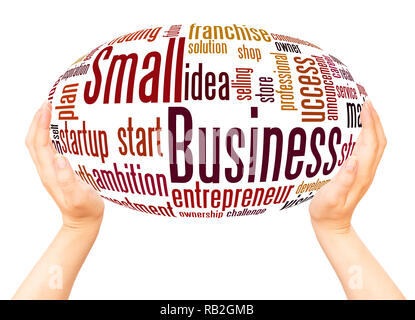 Small Business word cloud sfera mano concetto su sfondo bianco. Foto Stock