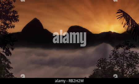 Vista panoramica delle montagne di Itaipava, Petropolis, Rio de Janeiro, Brasile, nel Sunrise, visualizzazione di colori caldi, silhouette di montagna e densa di clo Foto Stock