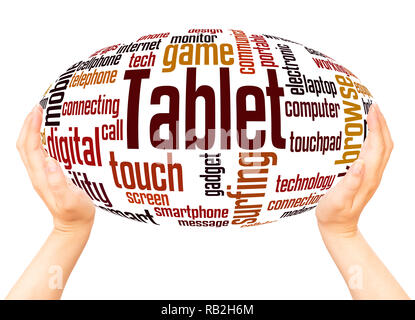 Tablet word cloud sfera mano concetto su sfondo bianco. Foto Stock