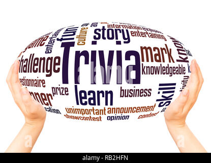 Trivia word cloud sfera mano concetto su sfondo bianco. Foto Stock