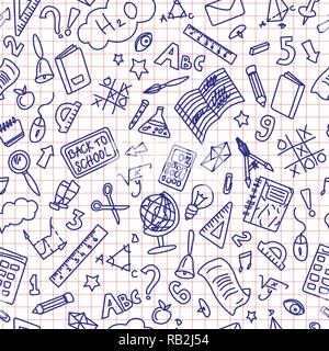 Si torna a scuola scarabocchio. Penna a sfera blu disegno sulla linea rossa della carta. La scuola degli accessori Illustrazione Vettoriale