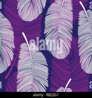 Perfetta sovrapposizione di piume Pattern in viola e bianco Illustrazione Vettoriale