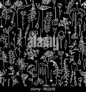 Floral disegnati a mano linea Seamless Pattern su nero Illustrazione Vettoriale