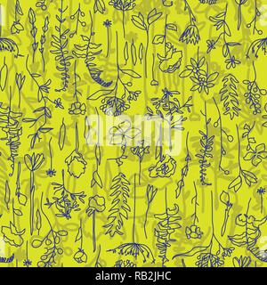 Colorato floreale disegnato a mano linea Seamless Pattern su verde Illustrazione Vettoriale