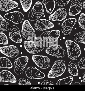 Ostriche e perle disegnati a mano linea Seamless Pattern su nero Illustrazione Vettoriale