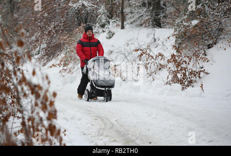 Lichtenstein Holzelfingen, Germania. 06 gen 2019. Un uomo spinge una carrozzina su una coperta di neve forestale a Swabian Alb. Credito: Thomas Warnack/dpa/Alamy Live News Foto Stock