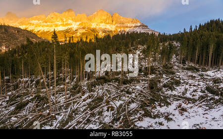 Traversata alpina del ciclone Adrian (noto anche con il nome di Vaia) la tempesta Vaia ha causato notevoli danni alle foreste italiane, soprattutto nel nord-est d'Italia. Ottobre 2018 Foto Stock