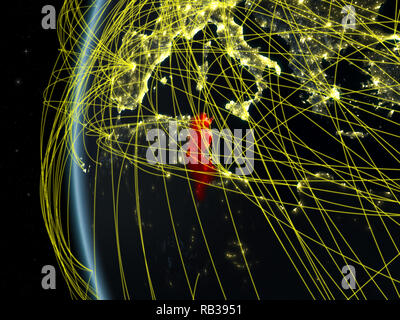 Tunisia da spazio sul modello di terra di notte con la rete internazionale. Concetto di comunicazione digitale o di viaggio. 3D'illustrazione. Elementi di thi Foto Stock