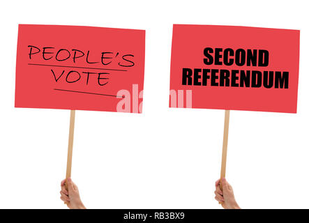 BREXIT striscioni e cartelloni in mano isolato su bianco. Rimangono, secondo referendum. Foto Stock