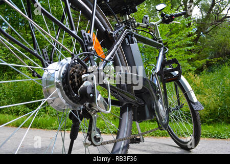 Bicicletta elettrica nel parco nella soleggiata giornata estiva. Girato dal retro. Non filtrato con illuminazione naturale. La vista della e motore e la potenza della batteria. Foto Stock