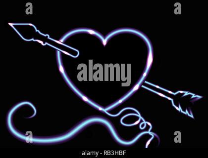 Carino neon luminescente cuore con freccia e volute linee ricci, creativo dello sfondo. Il giorno di San Valentino il futuristico carta per stampa e web Illustrazione Vettoriale