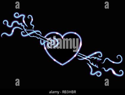 Carino neon luminescente cuore con freccia e volute linee ricci, creativo dello sfondo. Il giorno di San Valentino il futuristico carta per stampa e web Illustrazione Vettoriale