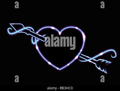 Carino neon luminescente cuore con freccia e volute linee ricci, creativo dello sfondo. Il giorno di San Valentino il futuristico carta per stampa e web Illustrazione Vettoriale