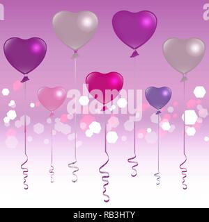 Il giorno di San Valentino argento, rosa e viola palloncini sulla luce sfondo rosa, carino sfondo romantico per il web e la stampa di illustrazione vettoriale. Biglietto di auguri Illustrazione Vettoriale