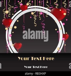 Vendita Flyer con i confetti e bordo rotondo, in bianco e nero con cuore rosso palloncini, per stampa e web modello romantica. Illustrazione Vettoriale