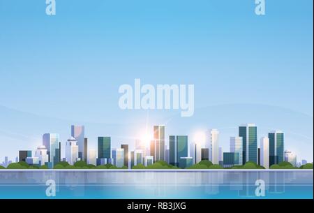 Grande e moderno edificio della città grattacielo vista panoramica sunrise cityscape skyline di sfondo piatto orizzontale Illustrazione Vettoriale