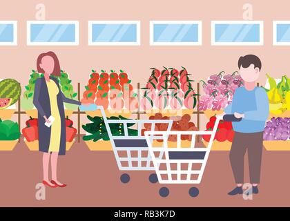 Donna Uomo i clienti azienda carrello carrello acquisti organico fresco frutta verdura supermercato moderno centro commerciale interno i personaggi dei cartoni animati per tutta la lunghezza orizzontale piana Illustrazione Vettoriale