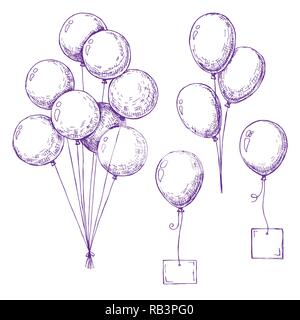 Set di palloncini diversi. Palloni gonfiabili su una stringa. Palloncini gonfiabili con una scheda per il testo. Schizzo Illustrazione Vettoriale