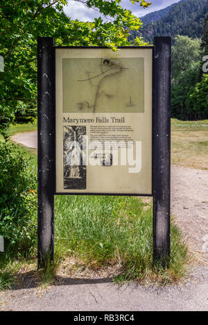 Marymere Falls sentiero, trail Mappa informazioni di segno o di bordo, il Parco Nazionale di Olympic, nello stato di Washington, USA. Foto Stock