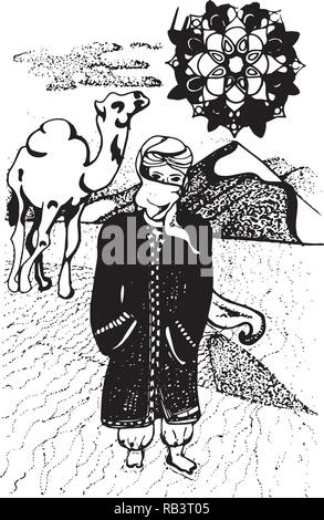 Illustrazione di un cammello su una collina di sabbia e sole mandala. Illustrazione Vettoriale