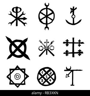 Futhark Norse isola e Viking set di simboli. Magia immaginaria lettere nel disegno a mano e scrivere simboli. Ispirato da antiche Islanda e vettore etnica Illustrazione Vettoriale