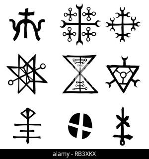 Futhark Norse isola e Viking set di simboli. Magia immaginaria lettere nel disegno a mano e scrivere simboli. Ispirato da antiche Islanda e vettore etnica Illustrazione Vettoriale