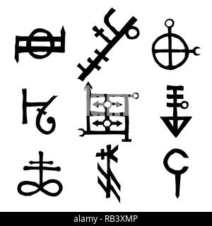 Set di antico norvegese rune scandinavo versione immaginaria. Alfabeto runici simboli, futhark. Ispirato da antichi simboli occulto, vichinghi lettere e rune. Illustrazione Vettoriale
