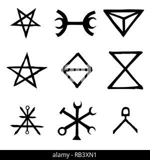 Simboli Wiccan croce immaginaria simboli, ispirato da anticristo pentagram e la stregoneria. Vettore. Illustrazione Vettoriale