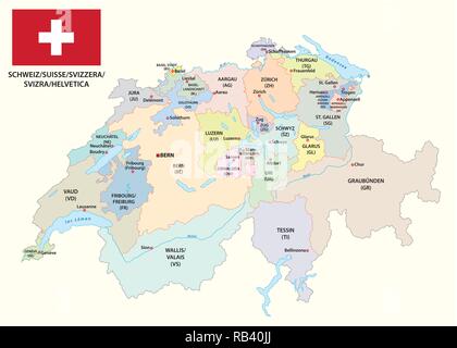 Politica e amministrativa di mappa vettoriale della Svizzera con bandiera Illustrazione Vettoriale