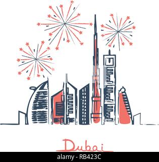 Dubai cityscape con grattacieli e punti di riferimento e fuochi d'artificio nel cielo illustrazione vettoriale Illustrazione Vettoriale