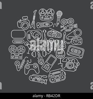 Linea d'arte su uno sfondo grigio scuro Intrattenimento e home electronics vector icon set. La forma rotonda illustrazione. Illustrazione Vettoriale