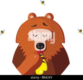 Cartoon carino carattere orso mangia miele dalla zampa e le API di volare intorno isolato su sfondo bianco. Illustrazione Vettoriale clip art, icona, logo, stick Illustrazione Vettoriale