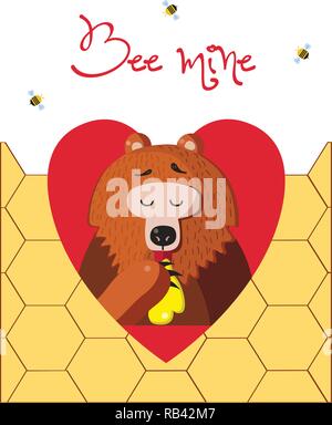 Bee Mine valentine greeting card di Cartoon carino bear illustrazione vettoriale carattere mangiare miele all'interno del cuore rosso e le api intorno sul nido indietro Illustrazione Vettoriale