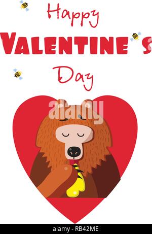 Happy valentines day greeting card di Cartoon carino bear illustrazione vettoriale carattere mangiare miele all'interno del cuore rosso e le api intorno sul backgr bianco Illustrazione Vettoriale